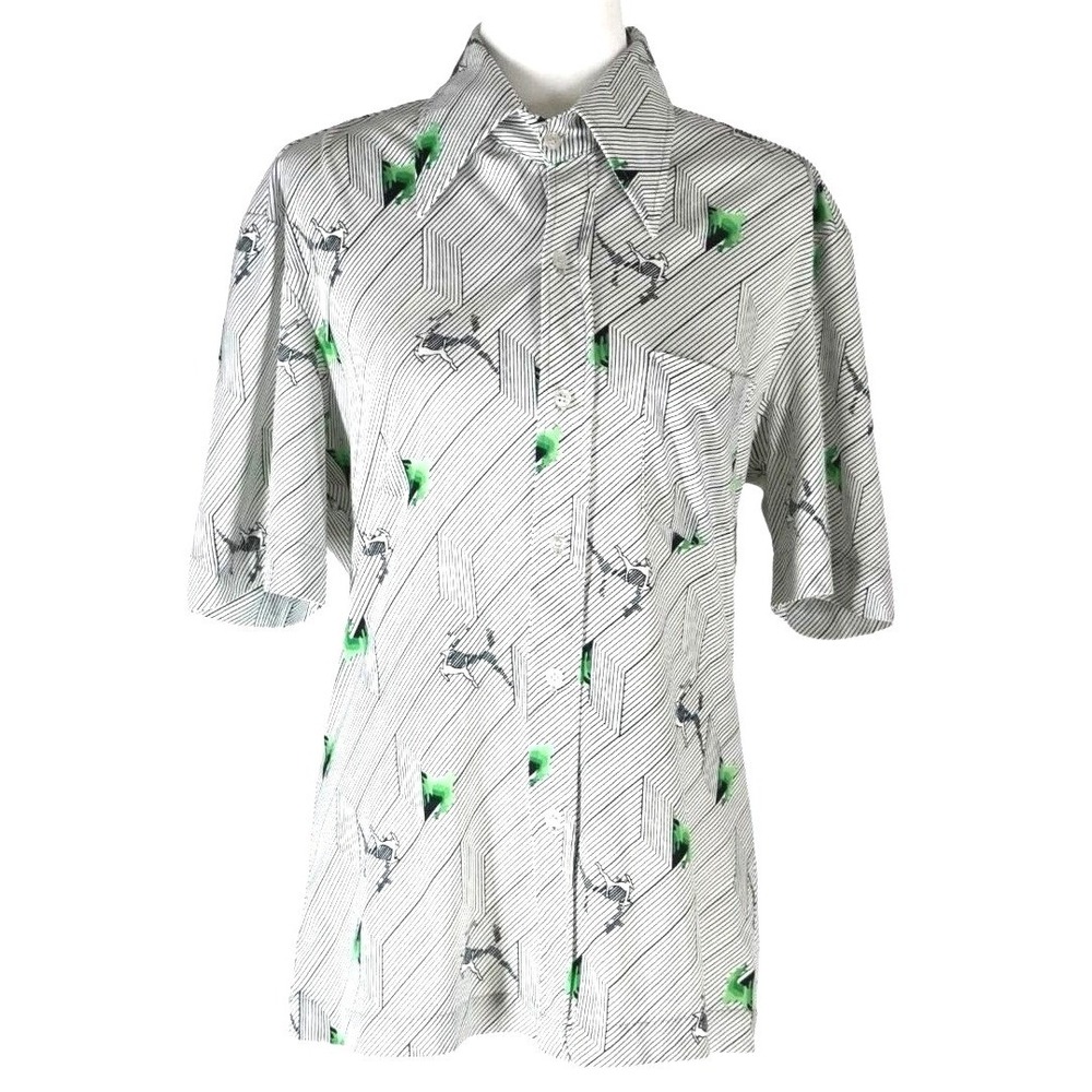 Vintage Button Up Shirt Men Large White Black Green Geometric 70s Dagger Collar‎
